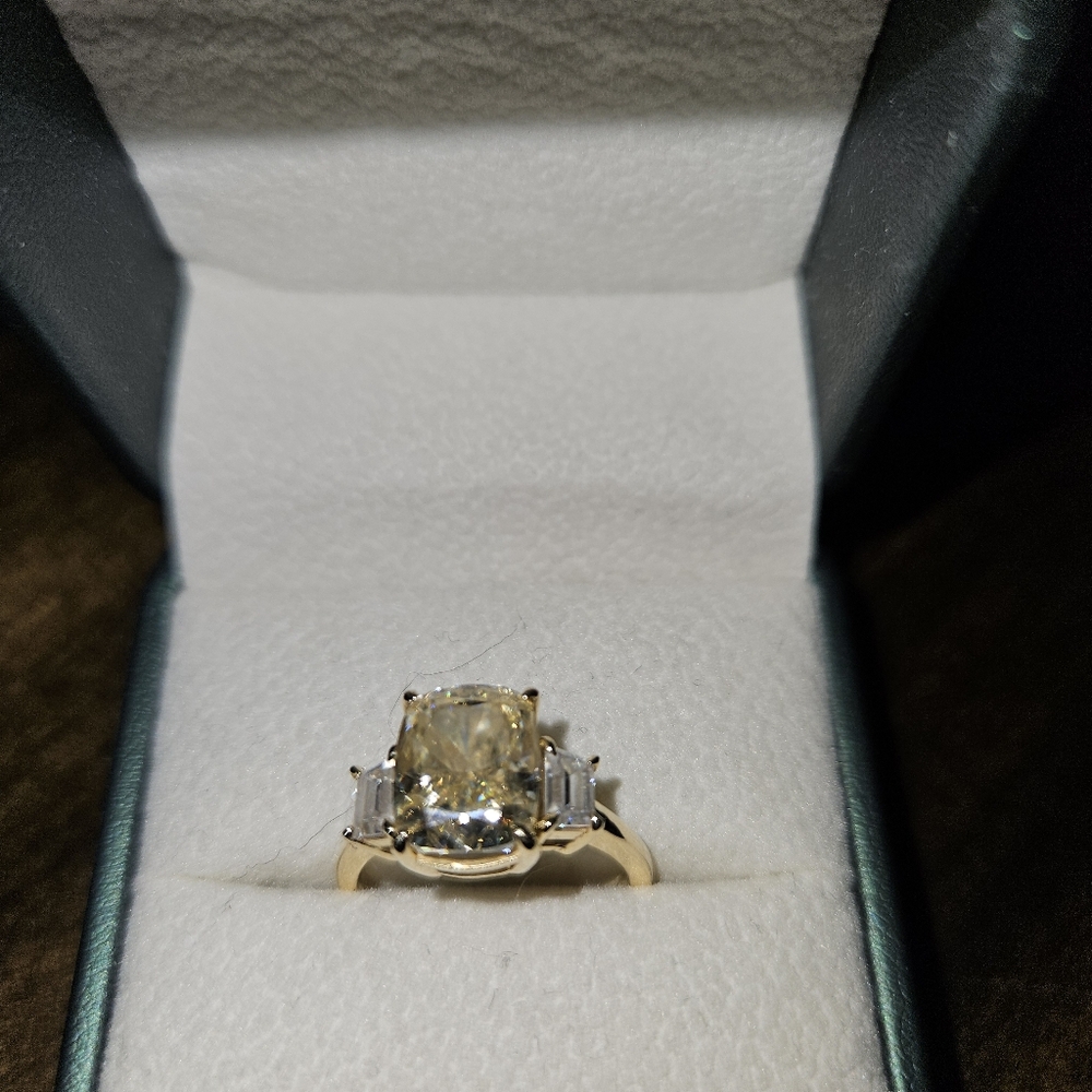 Moissanite Yellow 4.00 Ct. Cushion Center & White .70 Ct. Trapezoid Sides Size 7